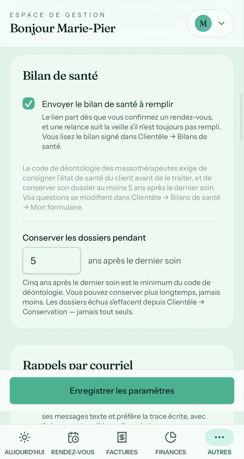 Bilan de santé dans Créno-QC sur mobile
