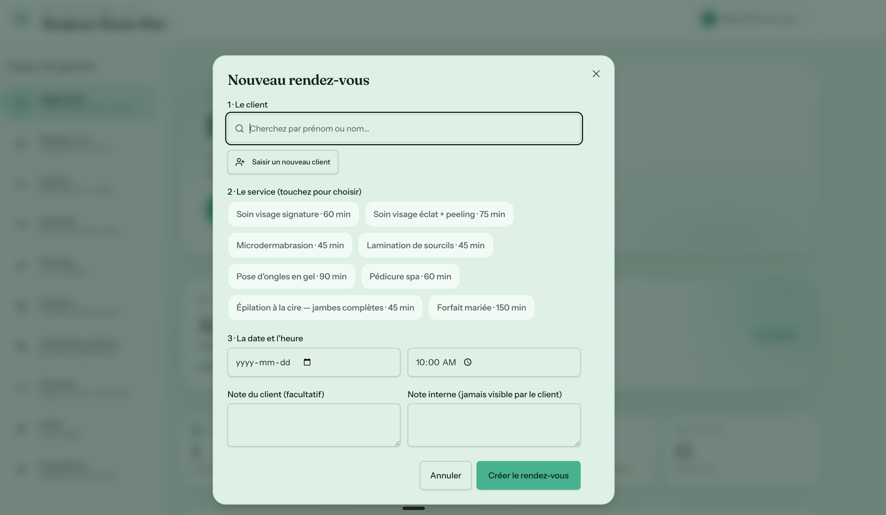 Création d’un rendez-vous dans l’espace de gestion Créno-QC en format ordinateur