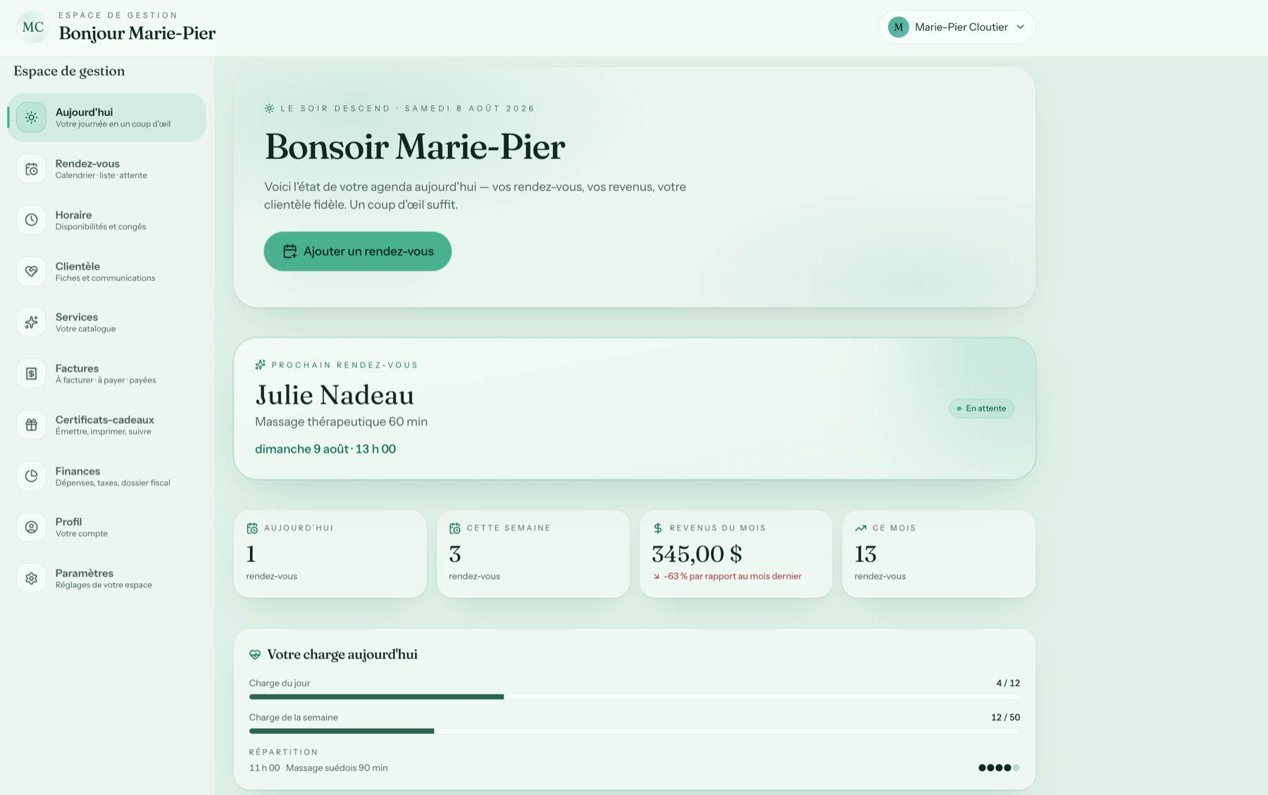 Tableau Aujourd’hui de Créno-QC en format ordinateur avec revenus, charge et prochain rendez-vous fictif
