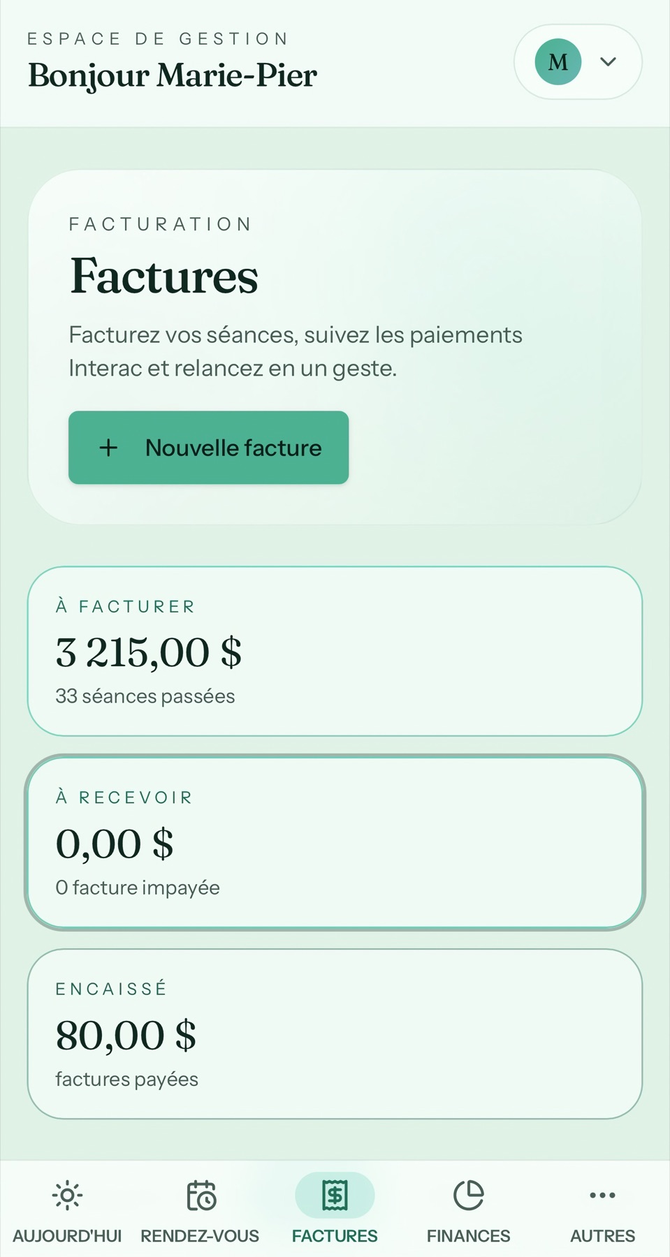 Facturation dans Créno-QC sur mobile