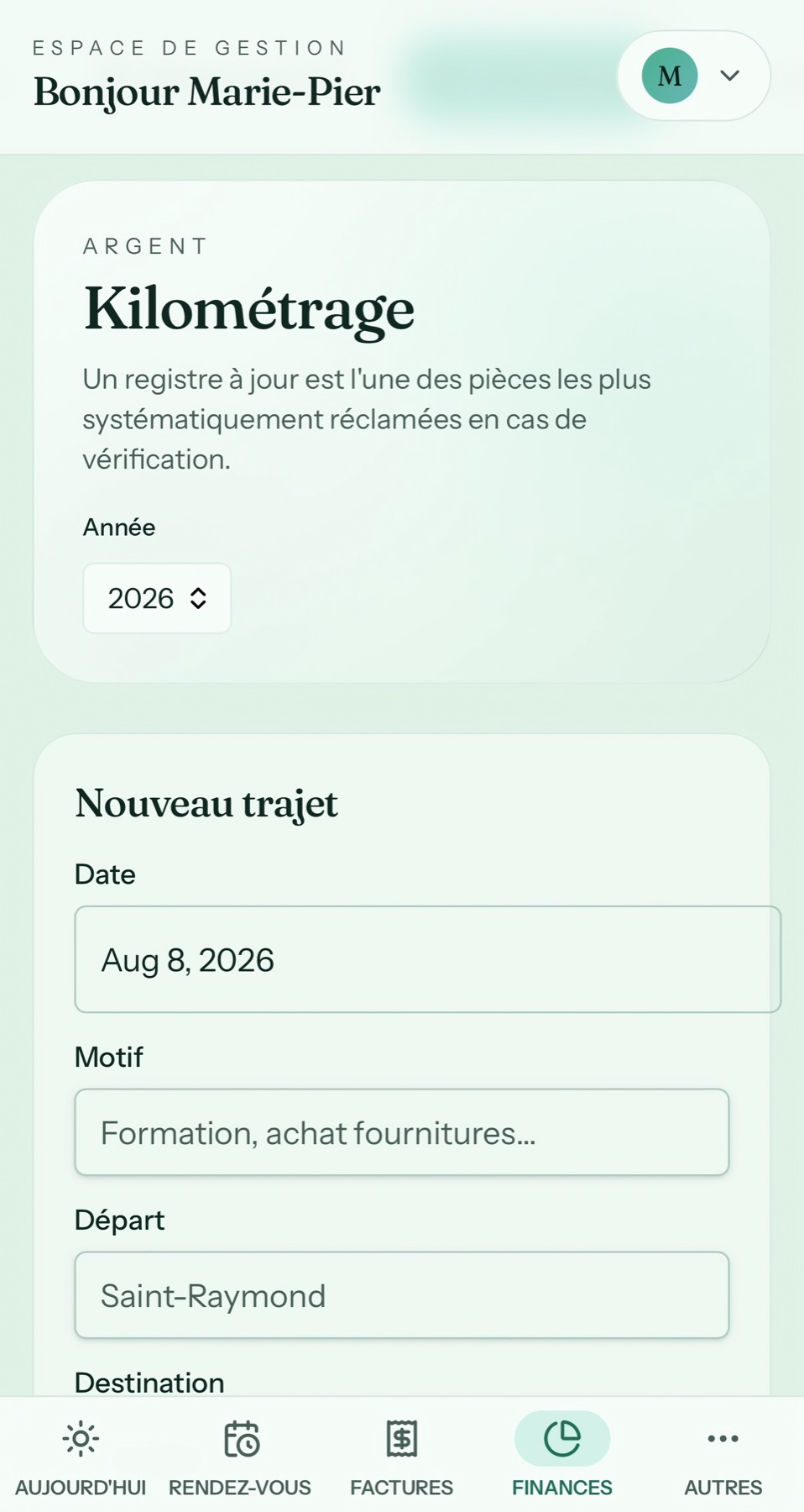 Kilométrage dans Créno-QC sur mobile